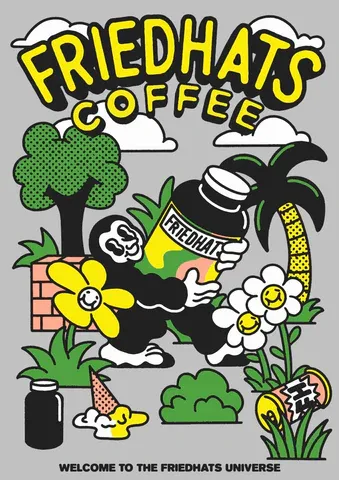 Friedhats universe poster with a black and white puppet holding an oversized bottle of coffee in a jungle on trees and flowers